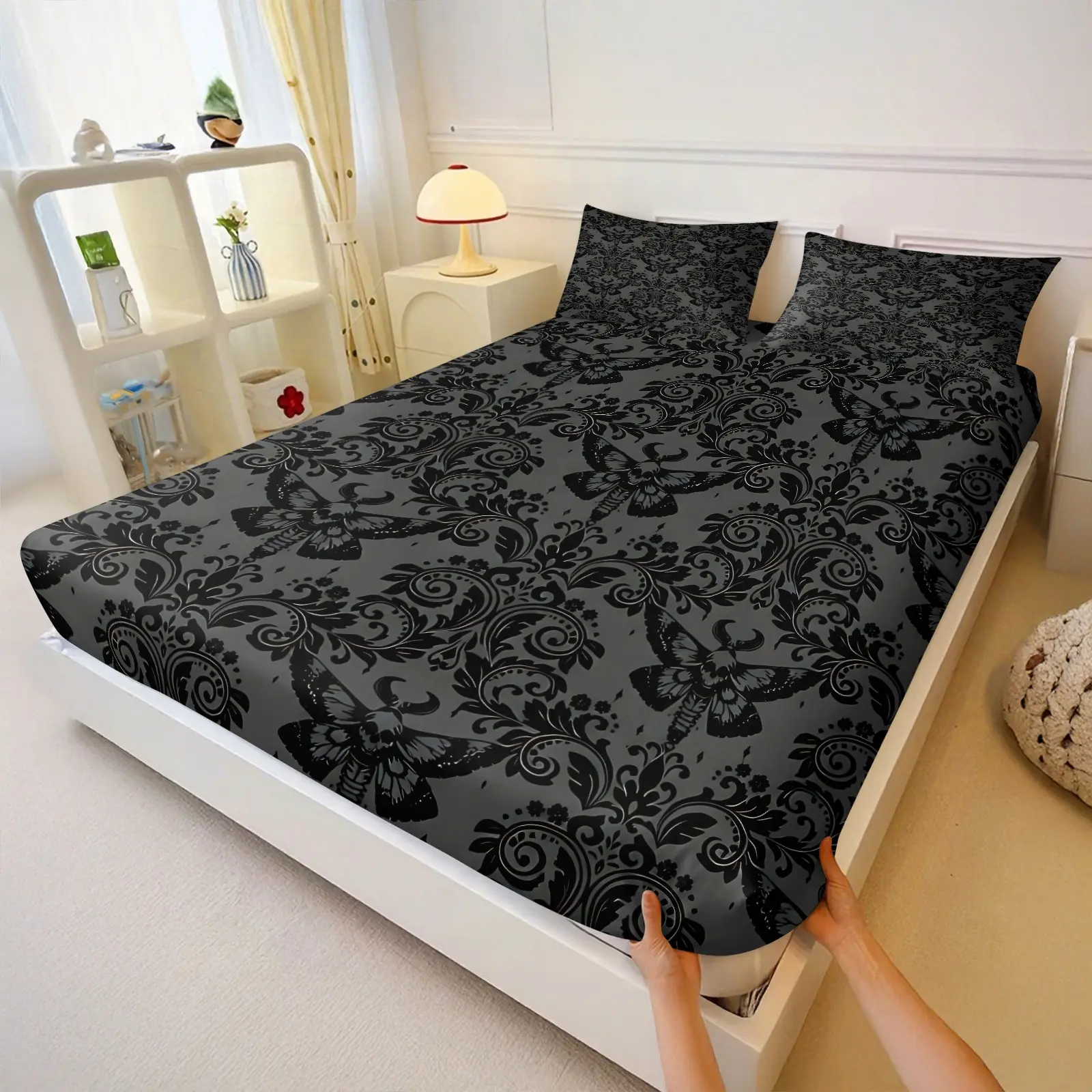 Gothic Death Moth Damask Fitted Sheet Set, Dark Spooky Ornate Bedding Set, 1 Fitted Sheet & 2 Pillowcases No Filling, Perfect Gift for Gothic Occult Lovers Bedroom Home Decor, Bedsheet Set