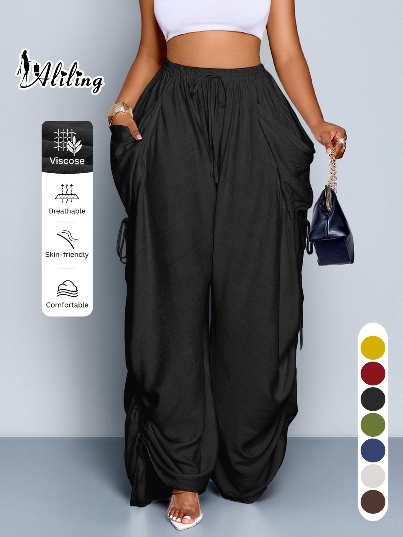 Aliling Women's Summer Casual Basic Solid Color High-Waisted Wide-Leg Bottom Pants, Adjustable Drawstring Side Regular Fit Pants for All Seasons
