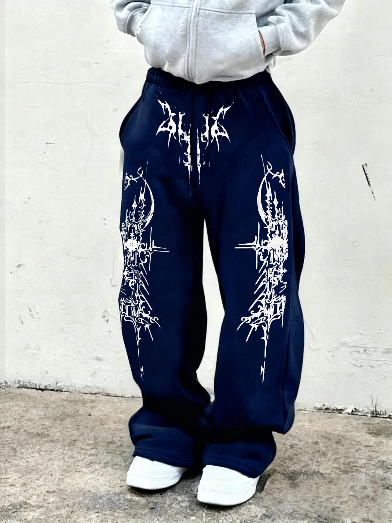 Printed Loose Sport Pants with Gothic Pattern, Drawstring Pants for Daily Wear and Home Leisure, Casual Fitted Geometric Style