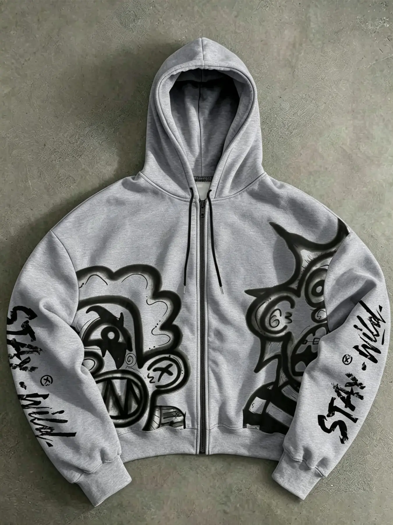 Y2K Streetwear Men's Oversized Zip-Up Hoodie Spray-Paint Monster Graphic Sweatshirt "STAY WILD" Sleeve Letter Print Heavyweight Loose Jacket for Daily Skateboarding