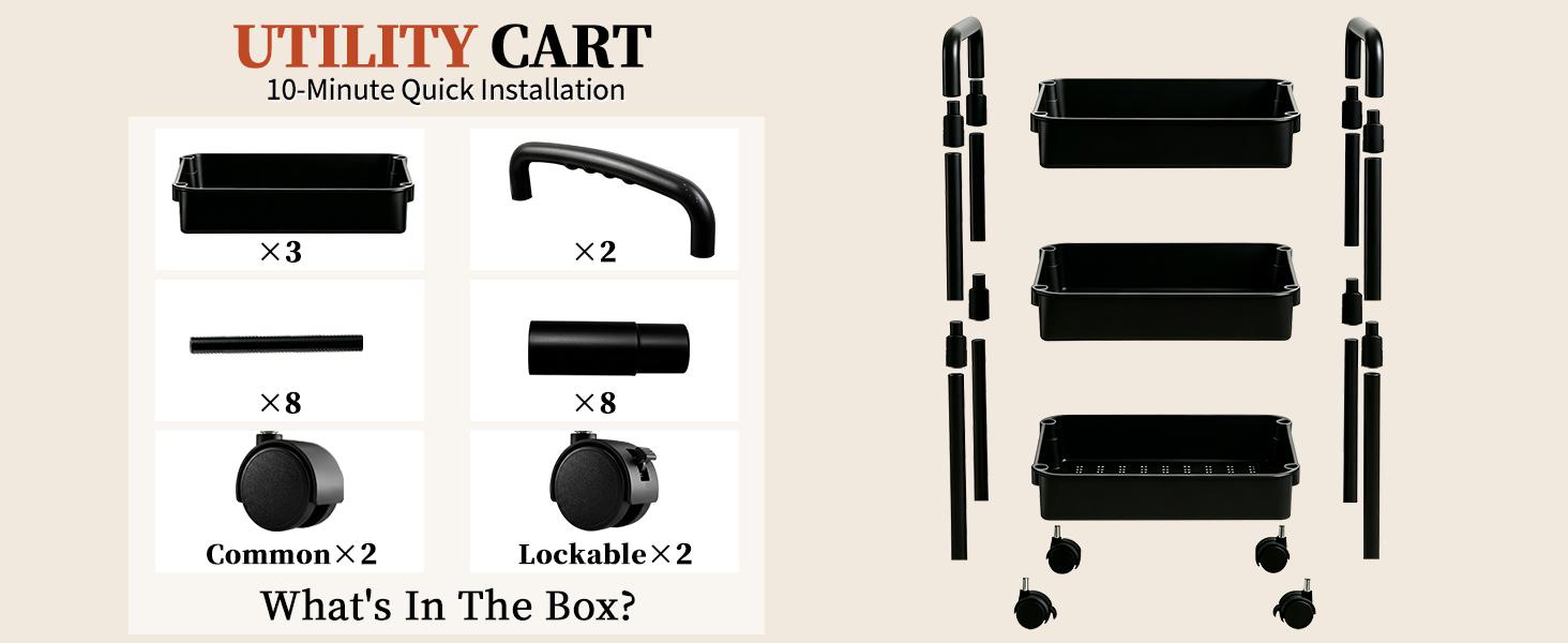 3 Tier Bamboo Rolling Utility Cart with Wheels - Lightweight, Compact Plastic Basket Storage Rack, Easy Installation Mobile Organizer for Baby Nursery, Kitchen, Bathroom, Locking Wheels