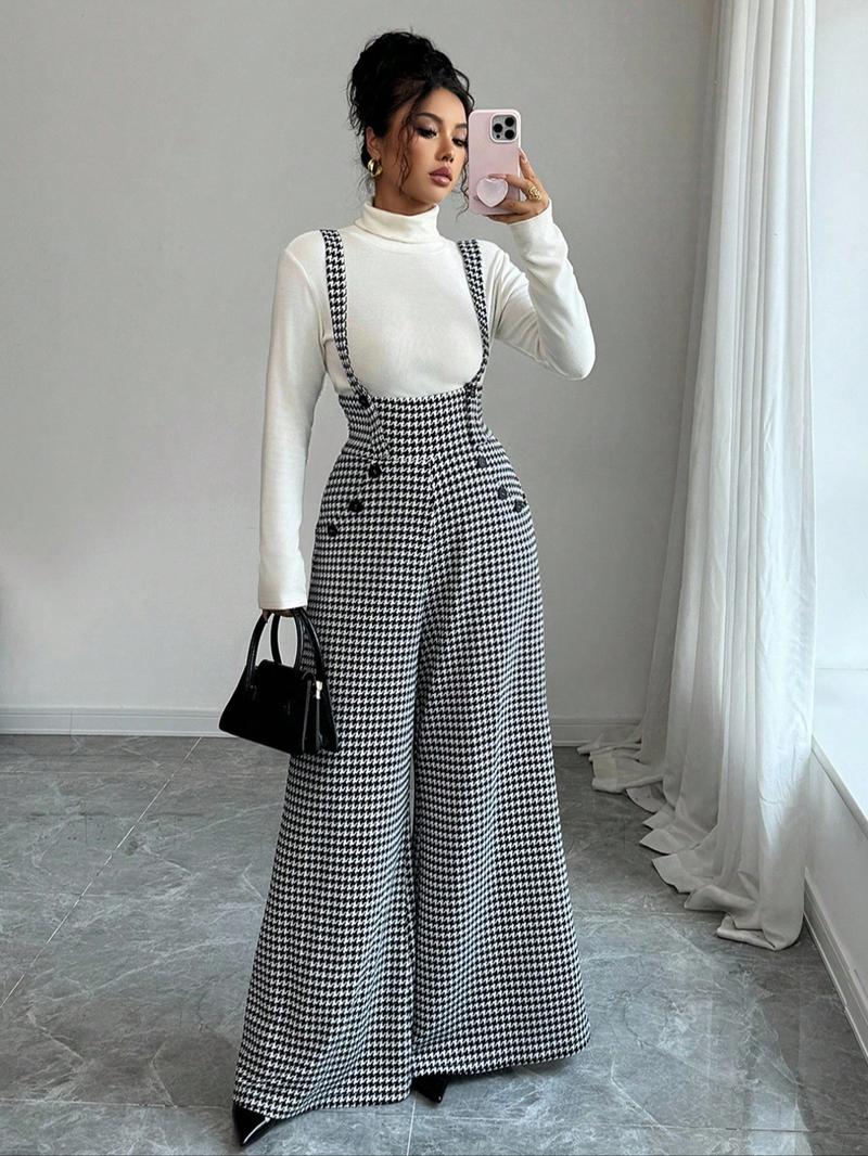 Women's Knitted Plaid Print Belted Pants, Elegant Fall/Winter Fashion, Long Pants with Front Zipper and Pockets, Casual Commuter Wear