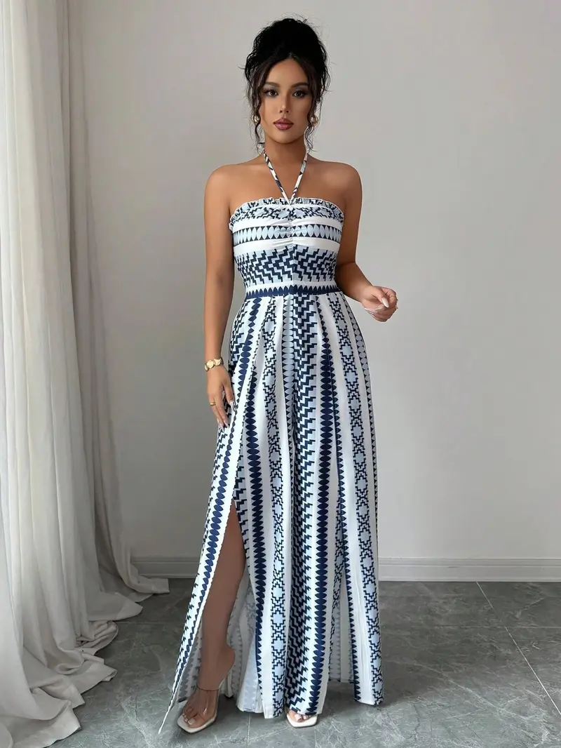 Breathable Flowy Wide Leg Geometric Printed Jumpsuit, Sleeveless Boho Style, Fit, High Waist, Leaf Print, Split Thigh Slit, Perfect for Beach, Work, Date Night Breathable Flowy Wide Leg Geometric Printed Jumpsuit, Sleeveless Boho Style, Fit, High Waist, Leaf Print, Split Thigh Slit, Perfect for Beach, Work, Date Night