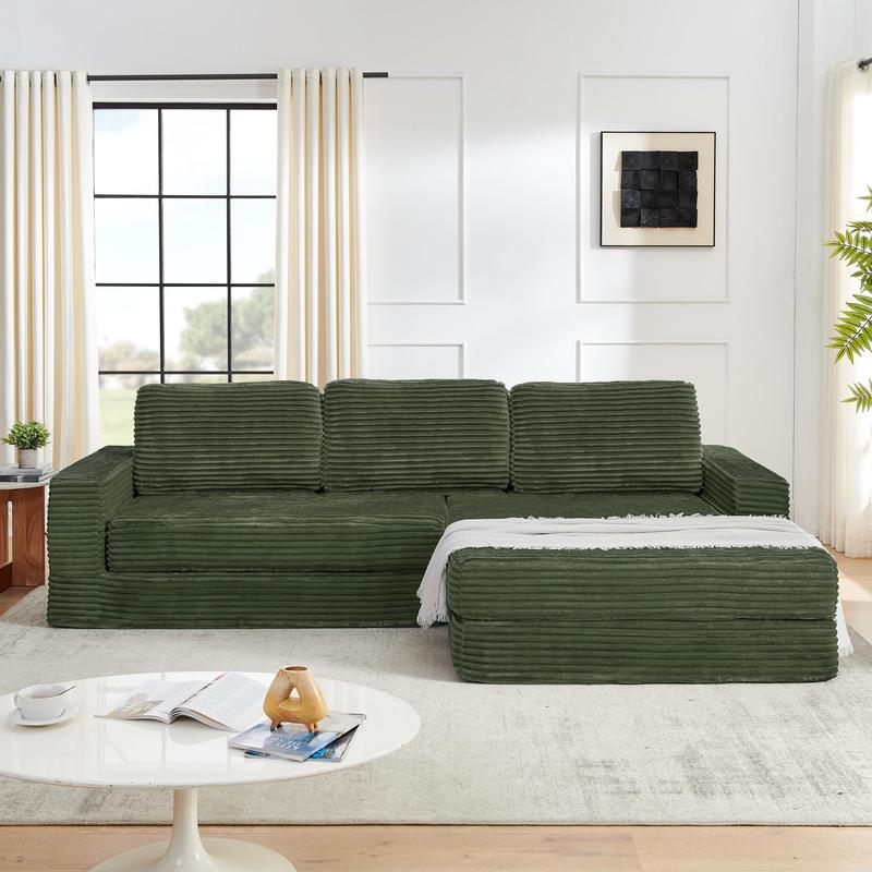 Niccae Right Seat L-Shaped Sectional Sofa,Compressed Corduroy,Modern Minimalist,Converts to Bed,Space-Efficient,sectional couch (2 Packages Shipping)