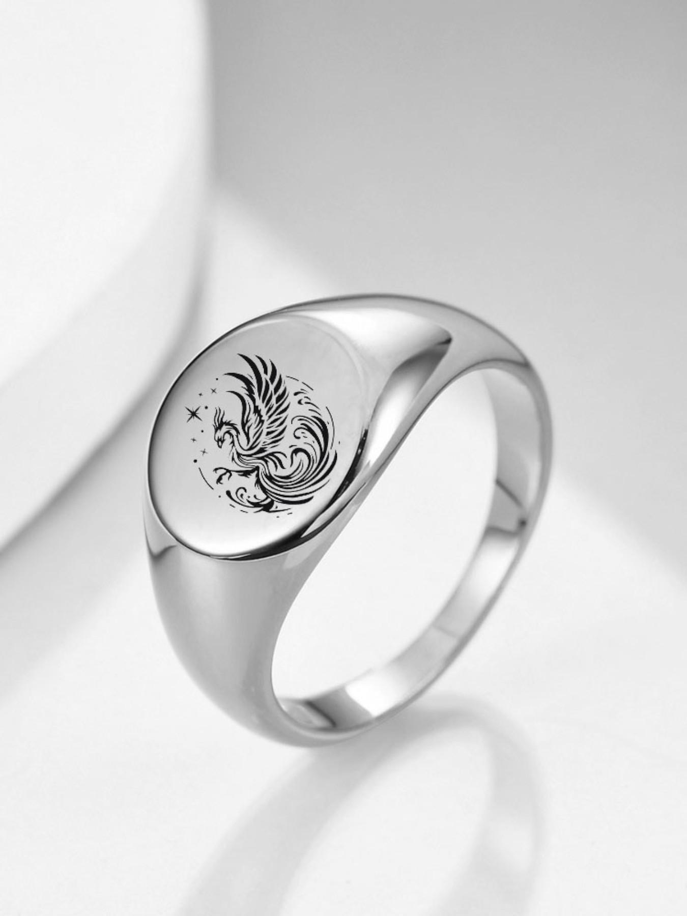 New 12mm Smooth Ring, Round 18k Gold Laser Engraved Phoenix Ring, Elegant Jewelry for Women, Unique Gift Idea, Elegant Fashion Rings