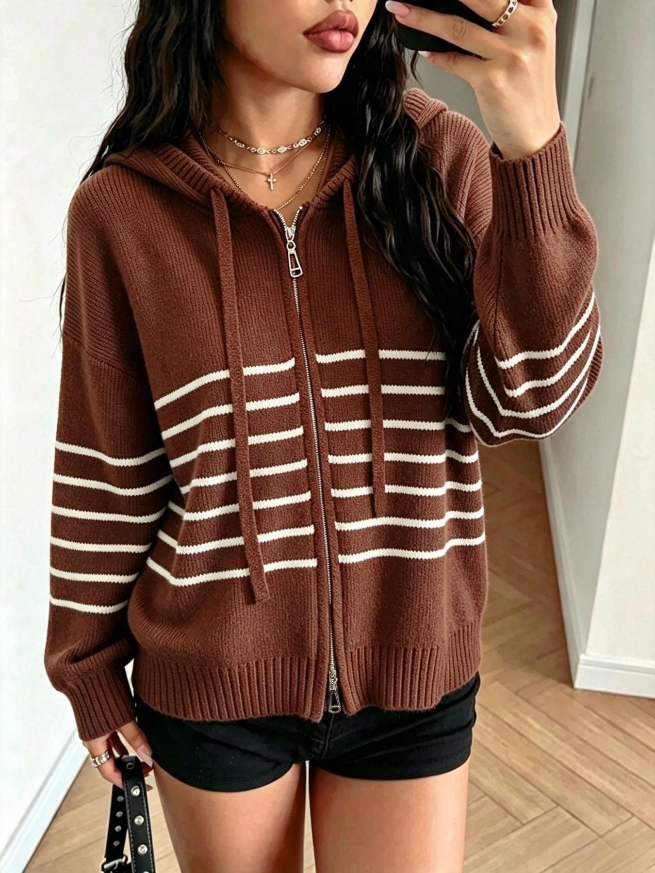 Autumn Winter Color-Block Striped Preppy Style Hooded Casual Loose Sweater Cardigan, Reversible Zipper Design, Women's Fashion Outerwear