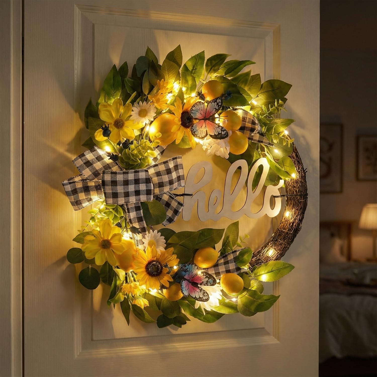 24'’ Collapsible Pre-lit Spring Summer Lemon Wreath for Front Door, Lighted Yellow Sunflower Wreaths with Hello Sign & Ribbon, Farmhouse Home Porch Wall Kitchen Amalfi Coast Decor
