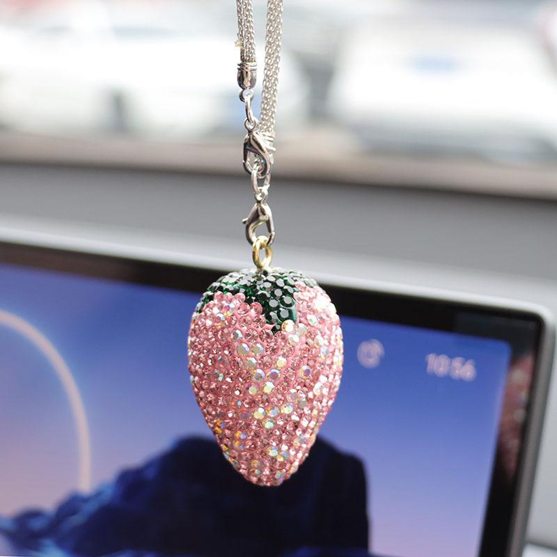 Bling Rhinestone Strawberry Cherry Car Hanging Ornament Sparkling Crystal Fruit Rearview Mirror Charm Aesthetic Car Interior Decor Accessories for Women Girls