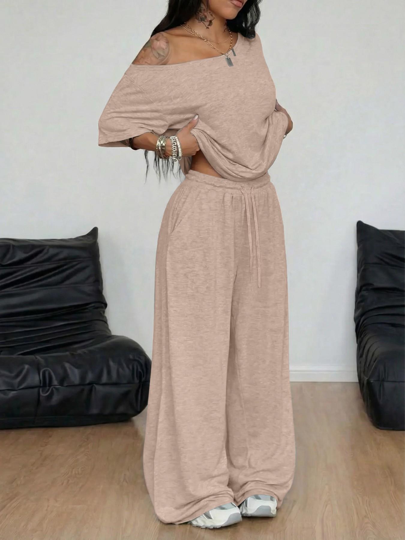 Women's Solid Color Matching Two-Piece Set, Asymmetrical Neckline Top & Drawstring High Waist Wide-Leg Pants, Adjustable Basic Casual Everyday Loungewear