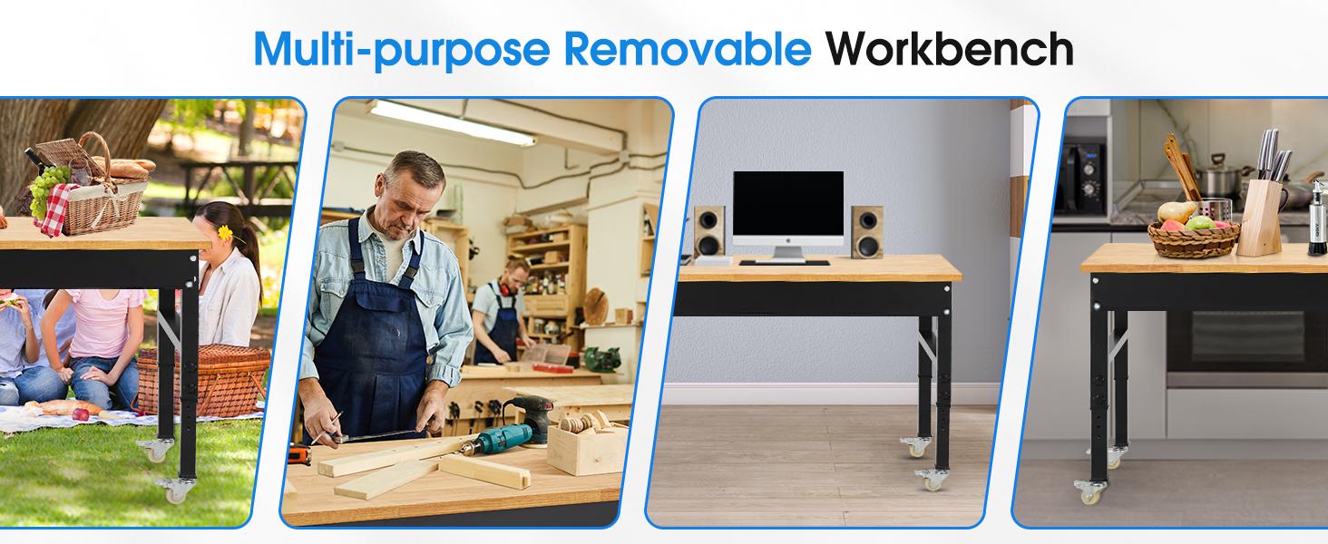 60'' Adjustable Workbench on Wheels, 2000 LBS Heavy-Duty Workstation with Power Outlets, Rubber Wood Top Worktable for Garage, Workshop, Home, Commercial 60'' Adjustable Workbench on Wheels, 2000 LBS Heavy-Duty Workstation with Power Outlets, Rubber Wood Top Worktable for Garage, Workshop, Home, Commercial