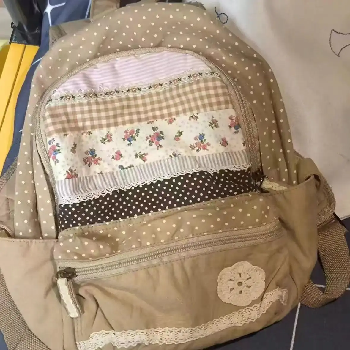 Japanese Vintage Y2k Aesthetic Backpack Sweet Cute Flower Print Schoolbags Women Patchwork Striped Plaid Backpacks for Students