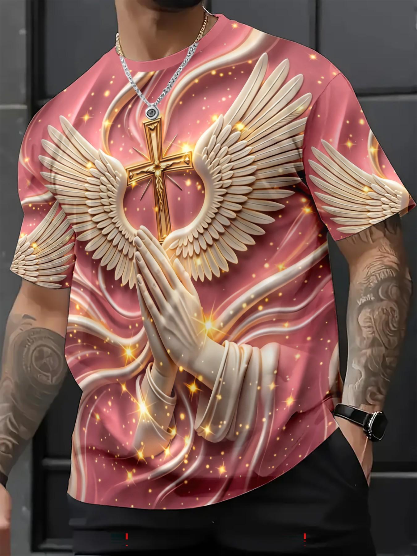 New Religious Prayer Hand Angel Wings Cross Print Men's Round Neck 3D High-Definition Short Sleeve, Sporty Slim-Fit Summer T-Shirt New Religious Prayer Hand Angel Wings Cross Print Men's Round Neck 3D High-Definition Short Sleeve, Sporty Slim-Fit Summer T-Shirt