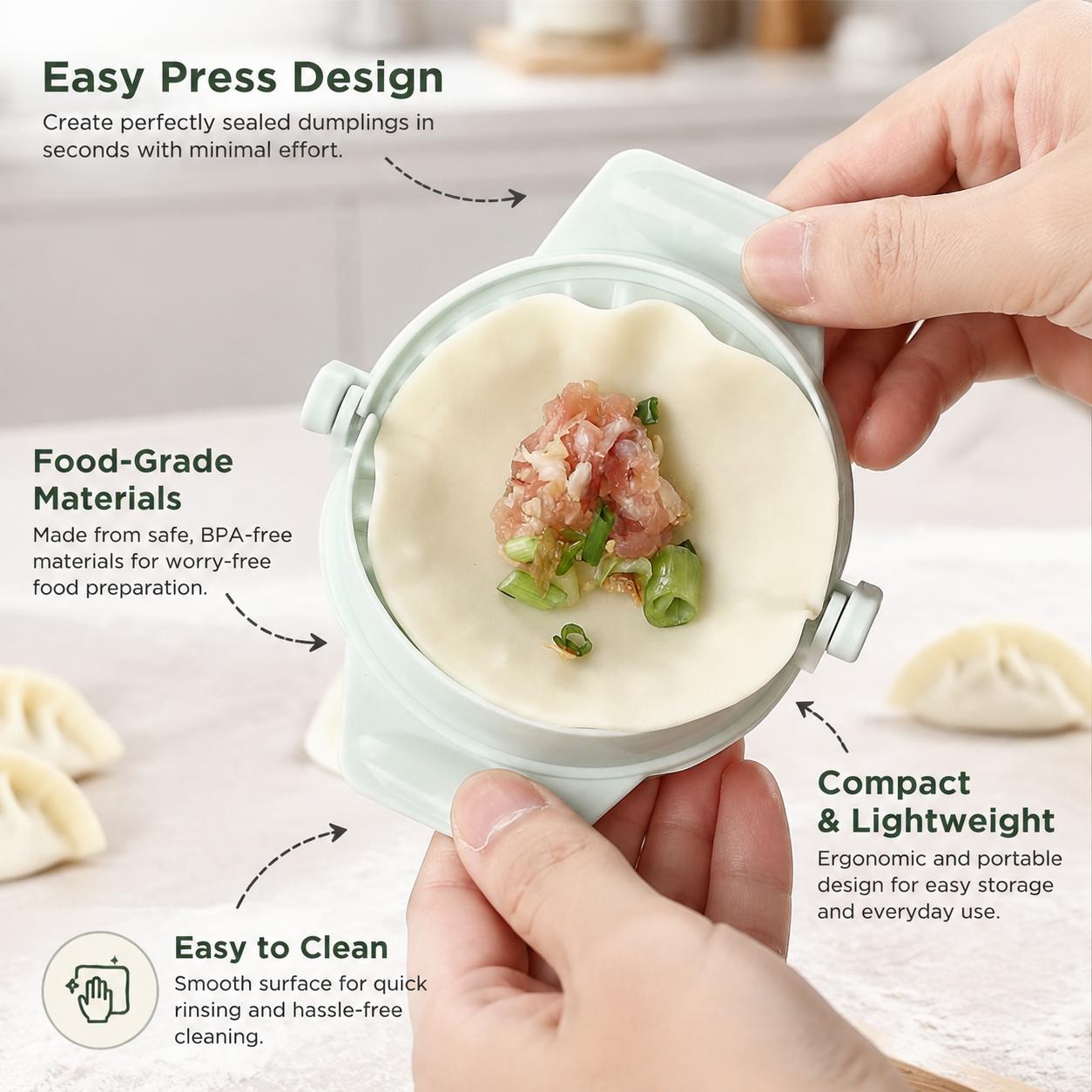 Handheld Manual Dumpling Maker Tool for Homemade Wonton, Jiaozi, Gyoza, and Egg Dumplings – Food-Grade Stainless Steel with Non-Stick Coating, Compact Design for Easy Storage and Cleaning
