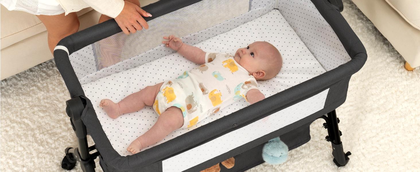 Baby Bassinet,  Crib for Infant and Newborn, Bedside Sleeper with Storage Basket and Mosquito Net, Easy to Fold, Height Adjustable, Portable Side Bed Crib