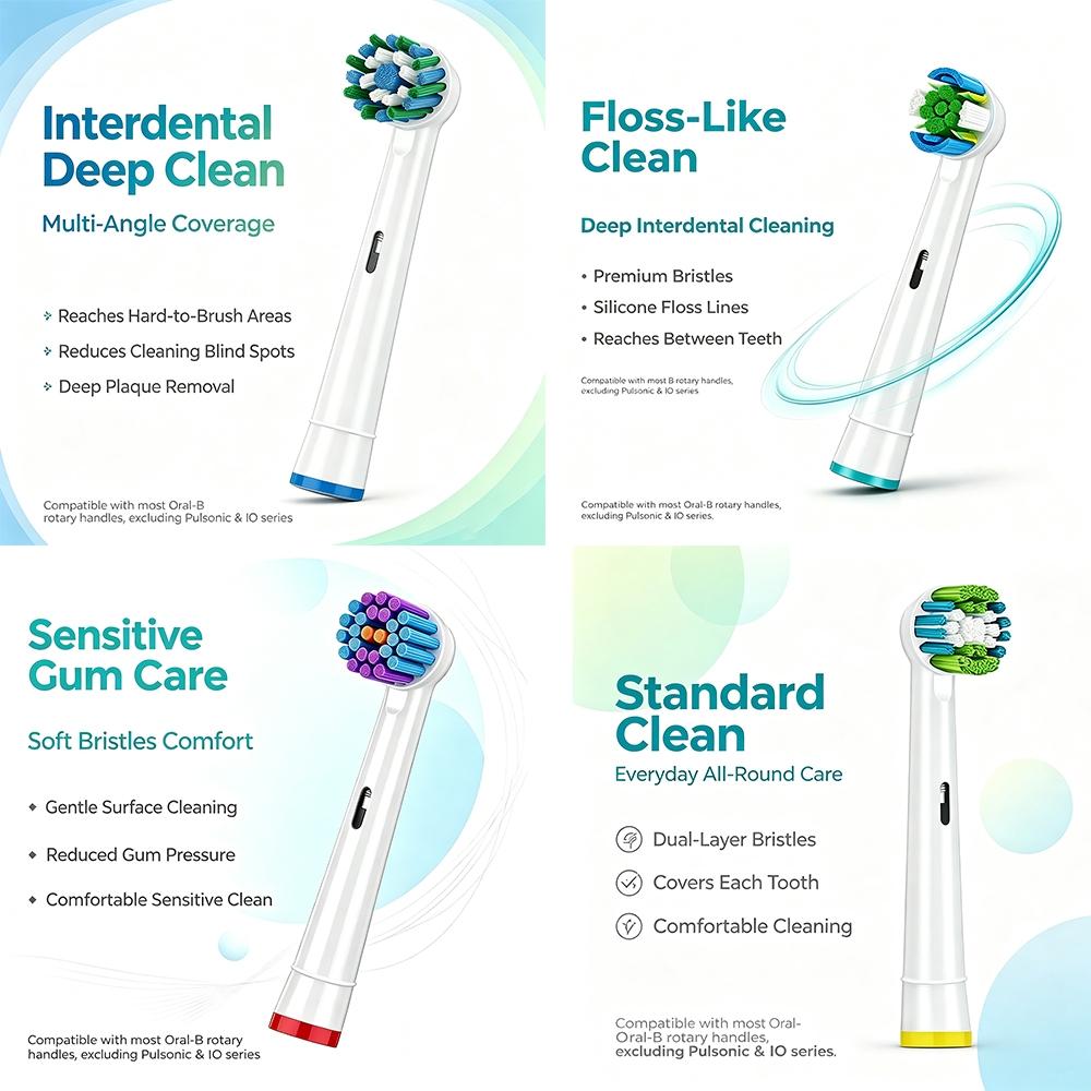 Replacement Electric Toothbrush Heads Compatible with Oral-B Rotary Handles, 4 Pack / 8 Pack, 4 Varieties Brush Heads with Protective Dust Caps, Soft Bristle Refills for Deep Clean & Sensitive Gum Care