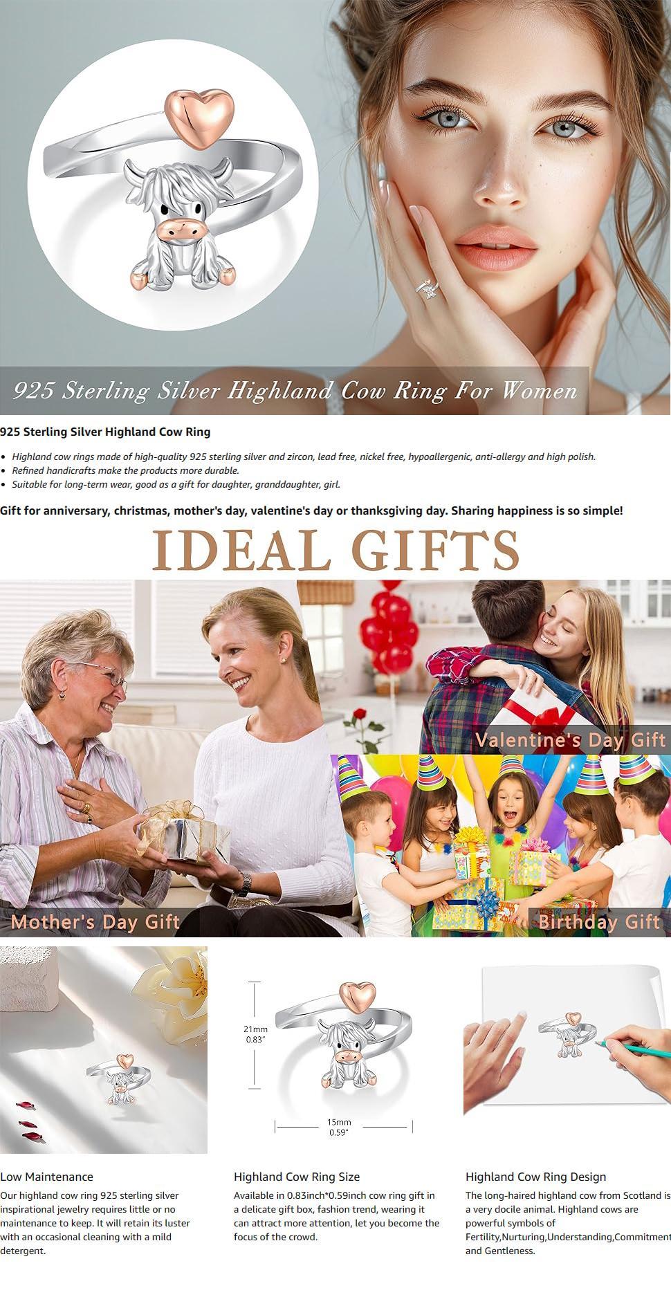 Highland Cow Ring 925 Sterling Silver Statement Ring Daily Wear Jewelry Gift for Women Girls