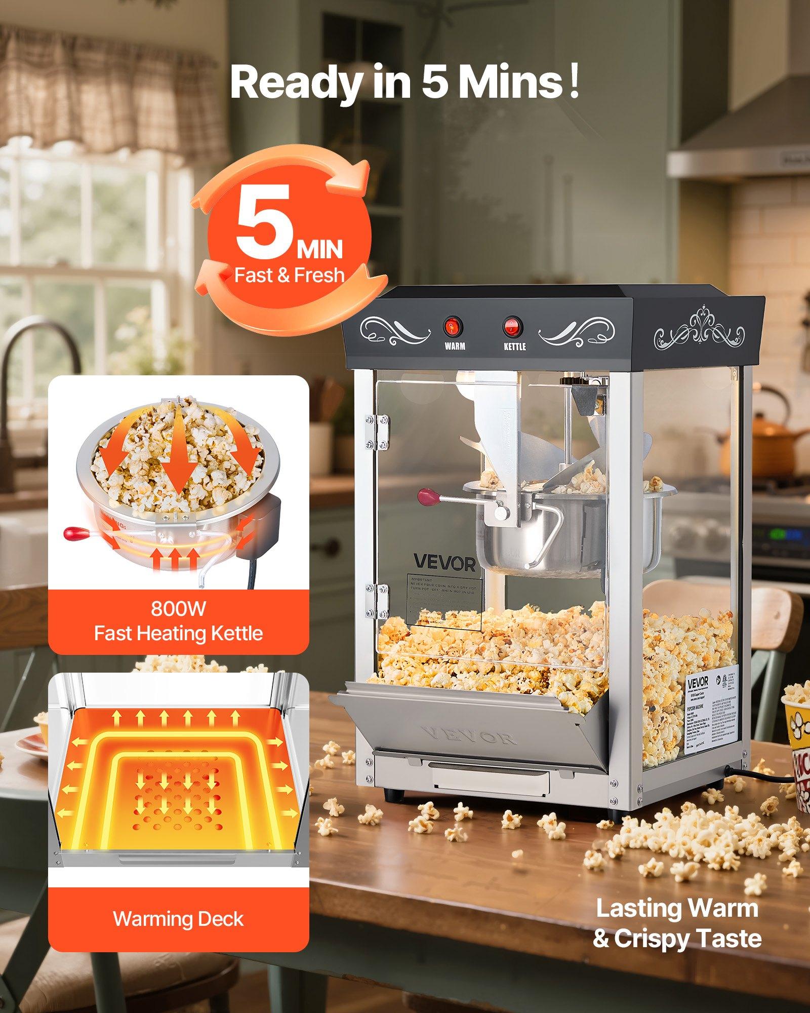 VEVOR Commercial Countertop Popcorn Machine for Commercial Users, 8 oz Stainless Steel Kettle, 800W Power, 48 Cups Per Batch, 20 Lbs/ 9.43 Kg Capacity, 2-Button Control, Glass Door, PC Wall, 1 Scoop, 3 Spoons, Black