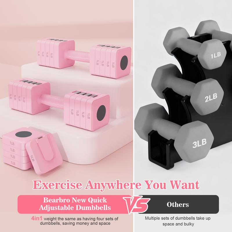 Bearbro 4-in-1 Adjustable Dumbbell Set , 22LBS/11LBS Hand Weights for Women, 1s-Adjust Dual-Stable Dumbbell Set for Women Home Gym & Outdoor
