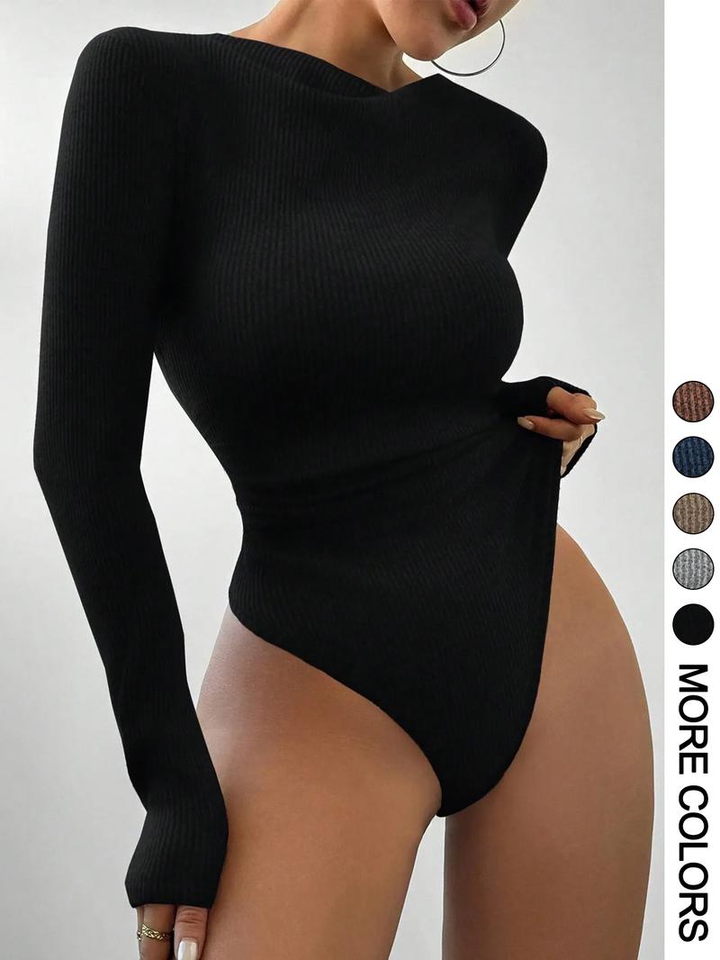 Women's Fall Winter Textured Knit Long Sleeve Romper Bodysuit, Sexy Slim-Fitting One-Piece, Plain Pattern, Moderate Fabric Thickness