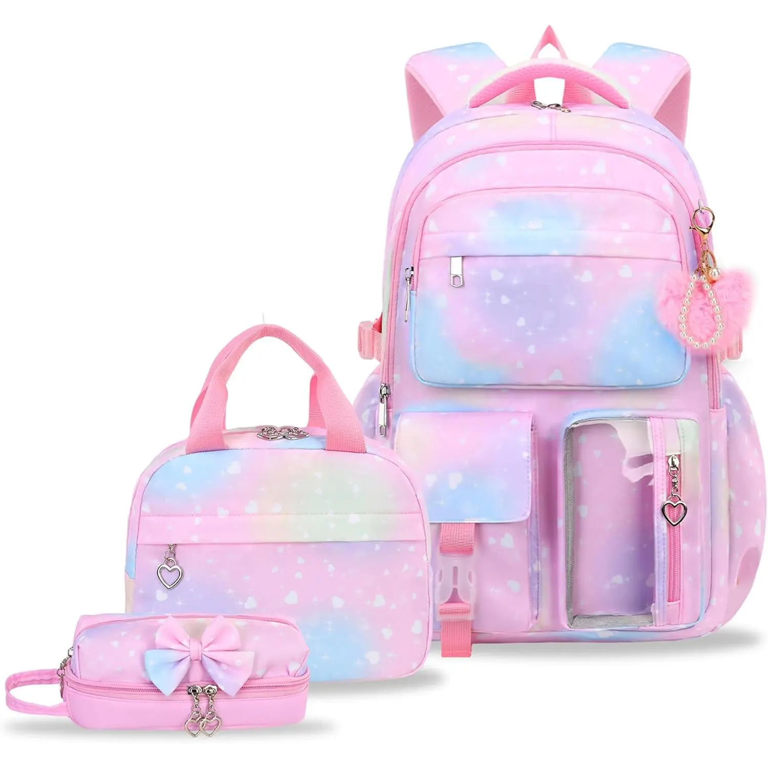 Girls' 17in Cute Daisy Floral Pattern Backpack Set - Synthetic Modern, Lightweight Laptop-Compatible Cute Backpack with Lunch Box, Pencil Case for Elementary School (School Vibe)