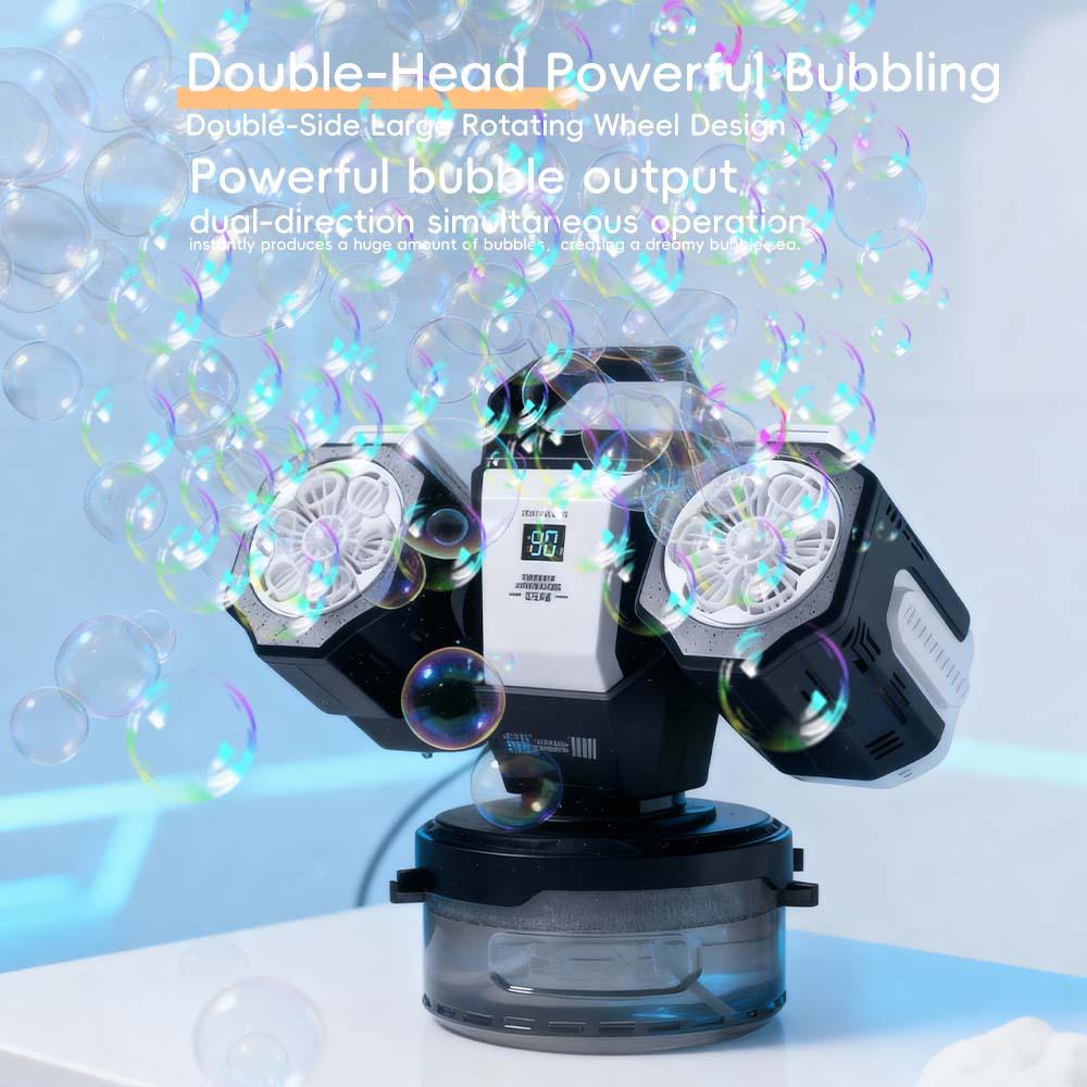 Dual Head Remote Bubble Machine, RGB Atmosphere Light, Rechargeable, 360° Auto Rotation, 30000 Bubbles Per Minute, Wedding Party Outdoor Use