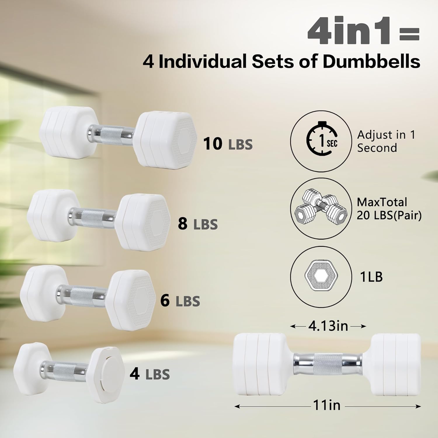 Adjustable Dumbbell Set of 2 Total 20 Lbs 4-in-1 Each 4lb 6lb 8lb 10lb 1s-Adjust Dual-Stable Free Weights for Women Men Home Gym Outdoor Workouts