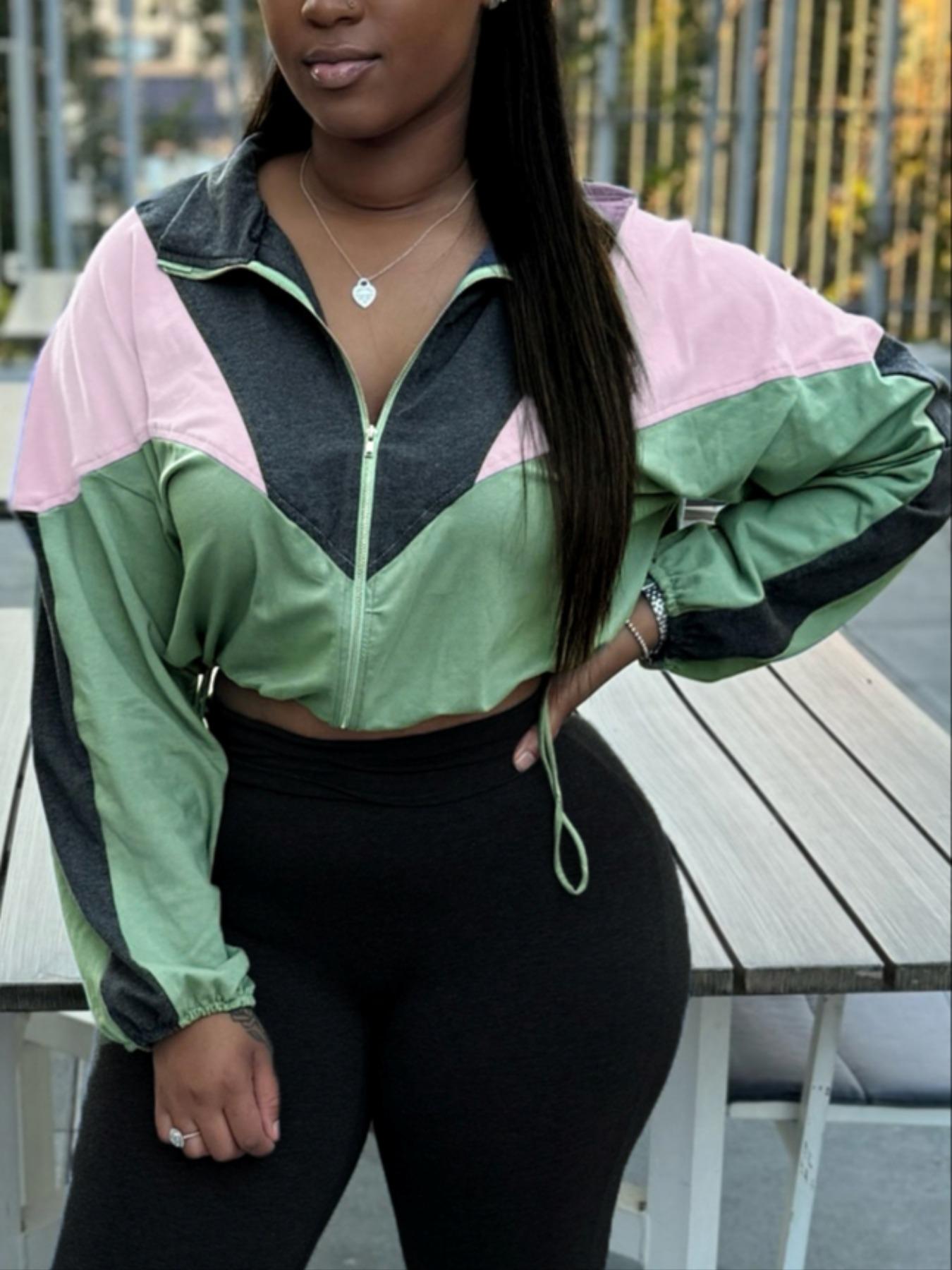 No Pants Included, Women's Patchwork Casual Long Sleeve Jacket, Zipper Drawstring Sportswear, Fitted All Seasons Outerwear, Athletic Jackets, Zip Up Jackets