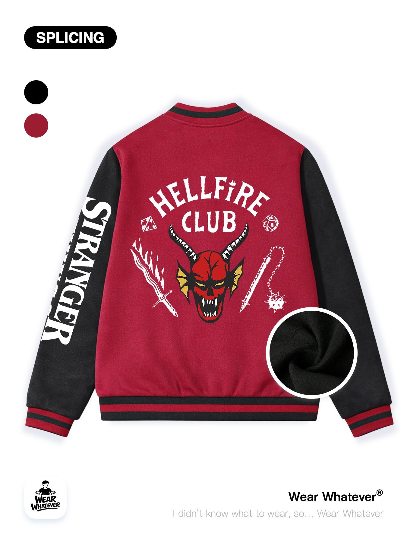 Stranger Things Hellfire Club Graphic Print Baseball Jacket, Casual Fitted Warm Breathable Top, Suitable for Outdoor and Home Wear