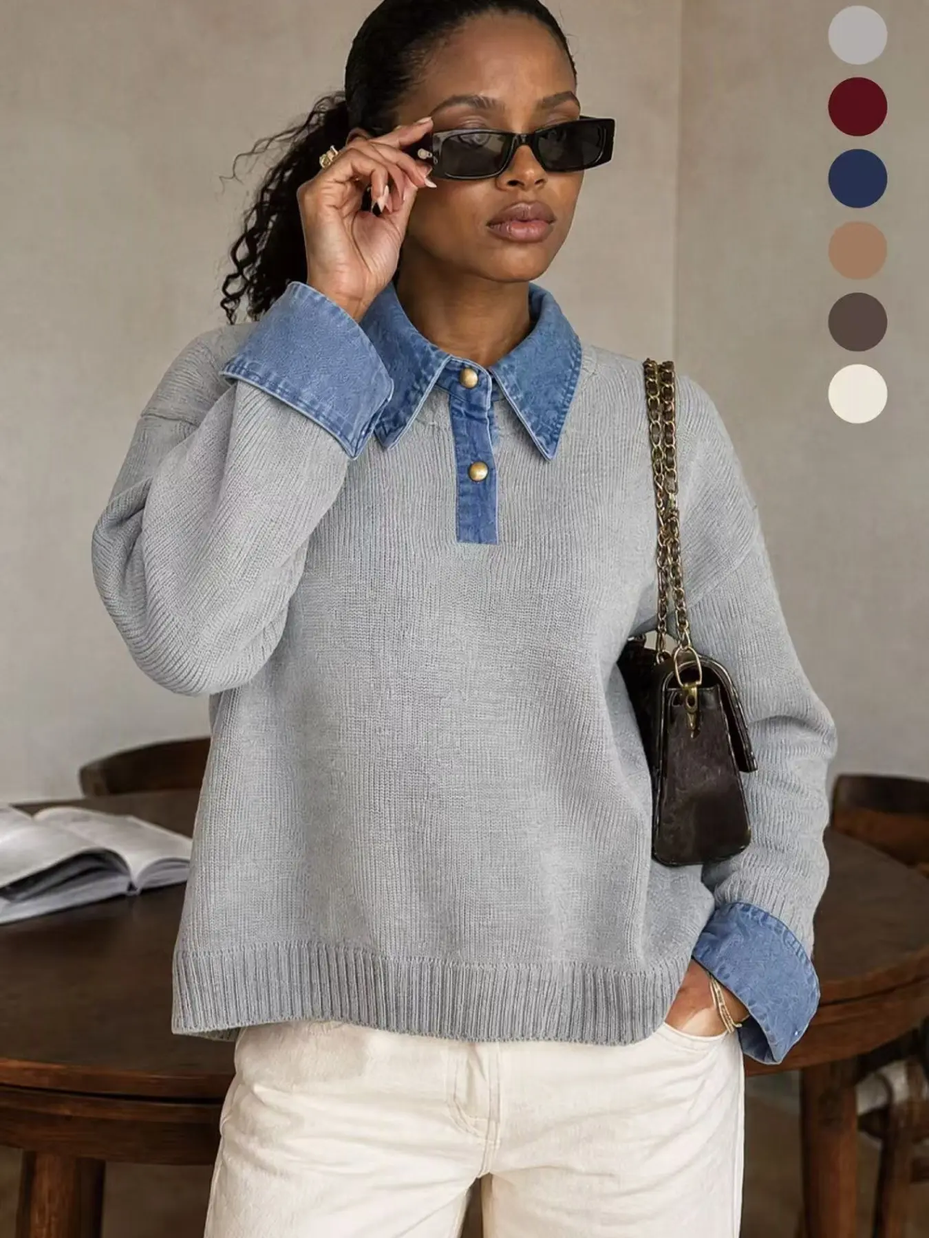Korean Style Denim Patchwork Knit Pullover, Fall Winter Design Sweater for Women, Fashionable and Cozy Outerwear, Perfect for Cold Weather