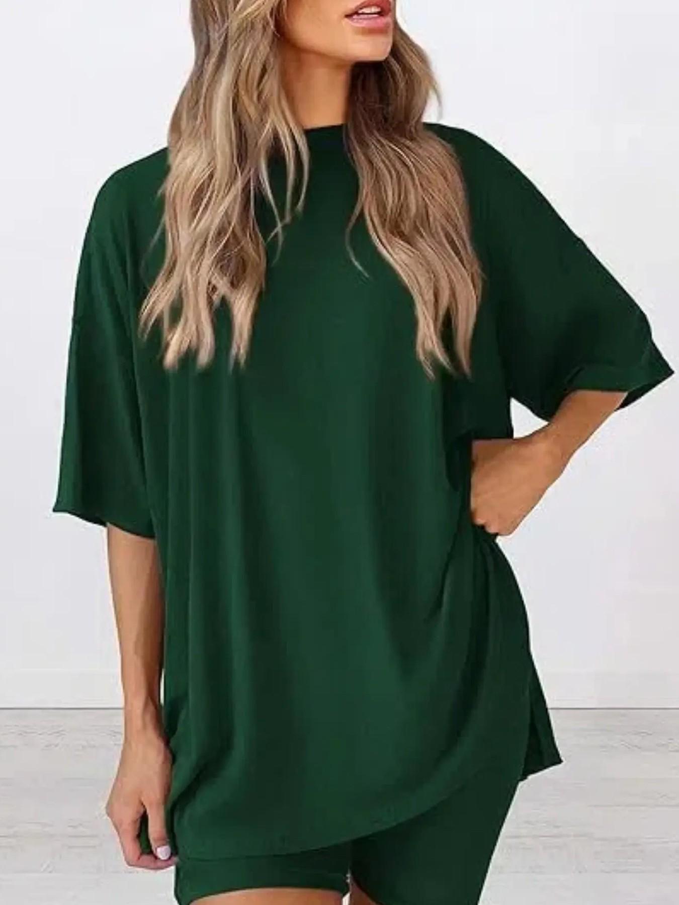 Women's Solid Color T-Shirt and Tight Shorts Set, Casual Summer Comfort Round Neck Sleepwear, Pocket Design, Outdoor Wear Women's Solid Color T-Shirt and Tight Shorts Set, Casual Summer Comfort Round Neck Sleepwear, Pocket Design, Outdoor Wear