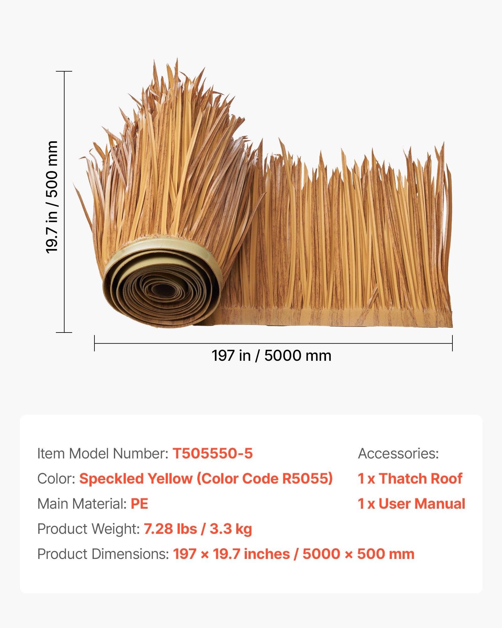 VEVOR PE Artificial Thatch Grass Roof Roll, 1.6x16.4 Ft (197x19.7 In), Mexican-Tiki Hawaiian Style, Waterproof, Fire-Resistant, 7.28 lbs, Patio/Pool Outdoor/Indoor Decor for Tiki Bar Hut Skirt, DIY Accent