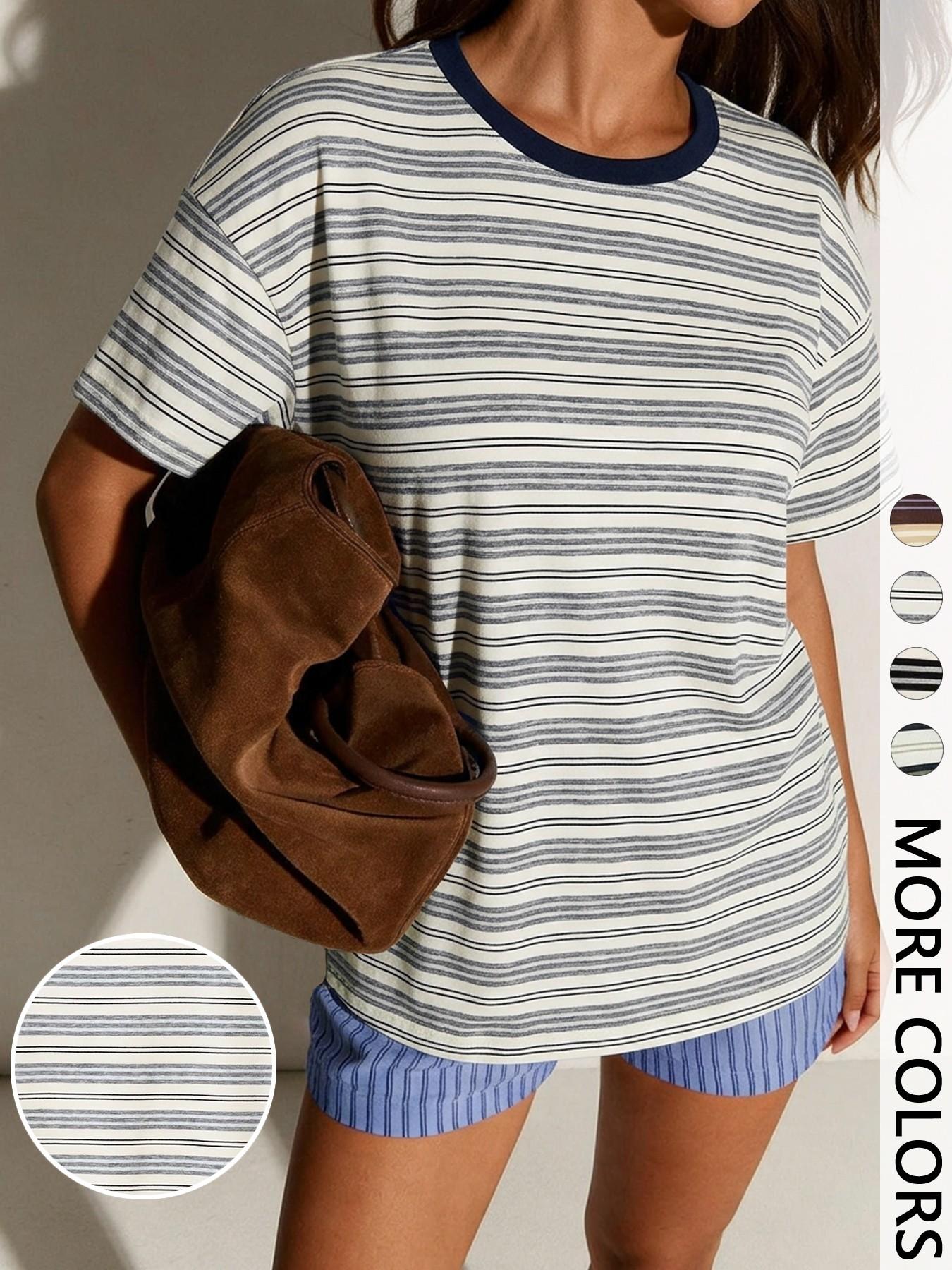 Striped Oversized Round Neck Short Summer Tee with Contrast Neckline, Effortlessly Cool Casual Chic Everyday Top Fit