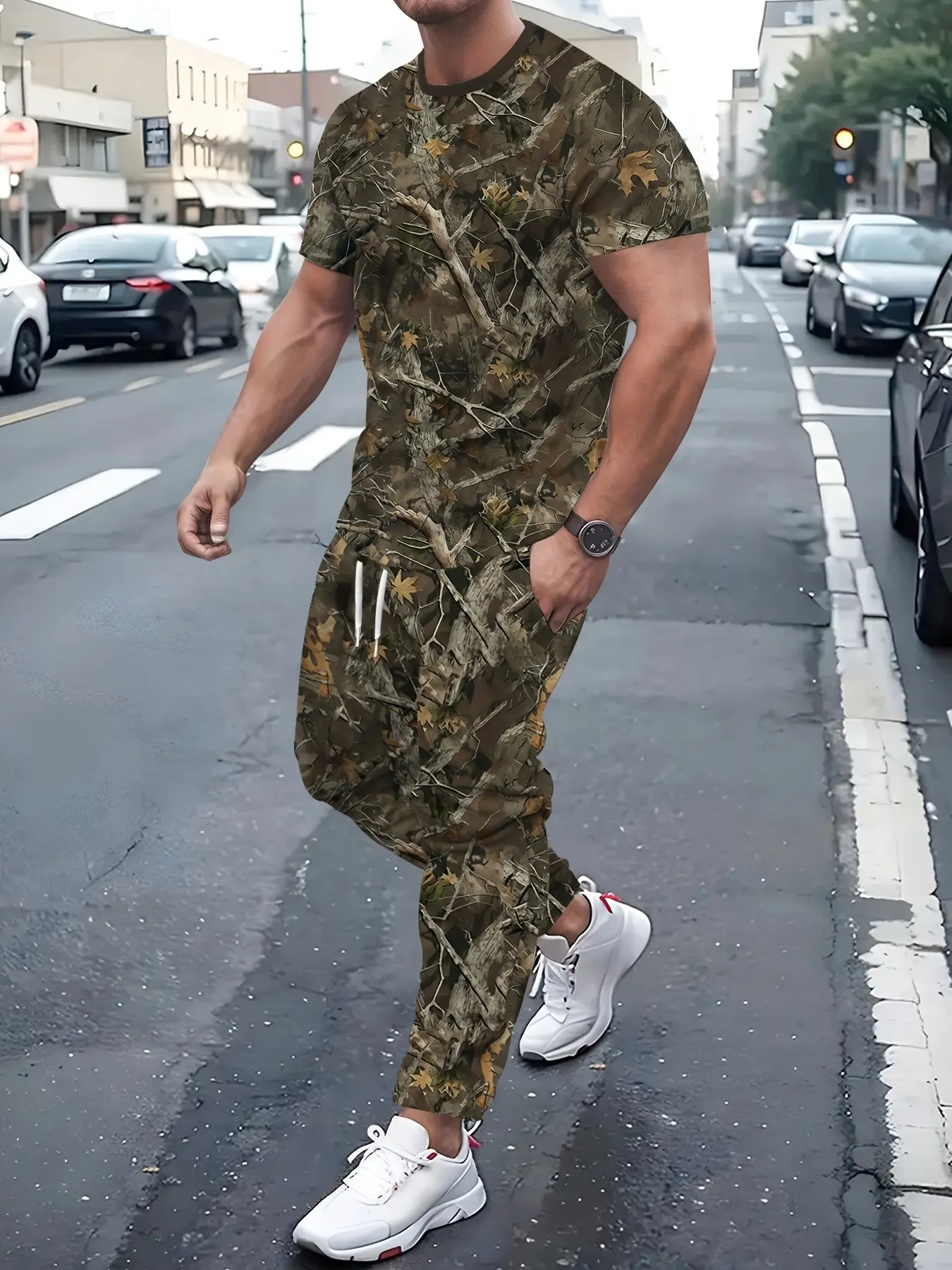 Men's Two-Piece Jungle Camo Sports Set, Round Neck Short Sleeve T-Shirt with Drawstring Jogger Pants, Breathable Loose Fit, Outdoor Casual Wear