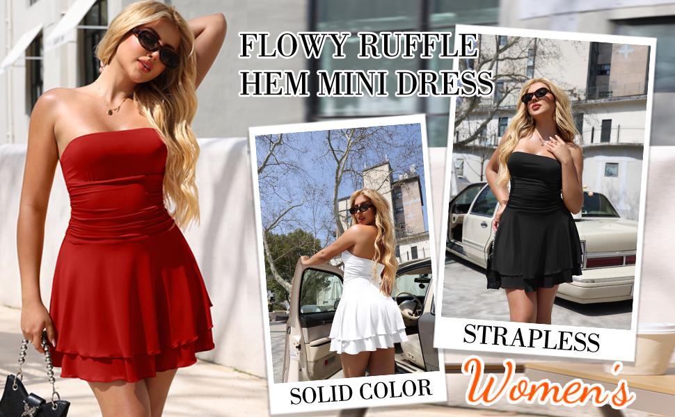 OYV Women's Strapless Tube Ruched Waist Cute A Line Flowy Ruffle Hem Mini Dress