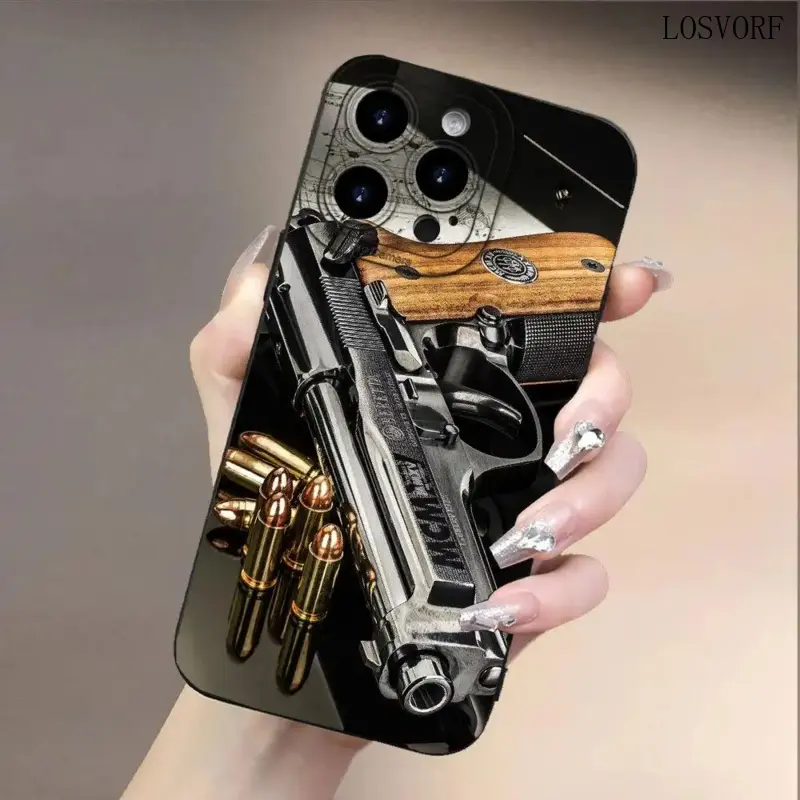 LOSVORF Gun Printing Pattern, Unique Design, New Mobile Phone Case, Full Body Protection, Shockproof and Drop-Proof TPU Soft Rubber Protective Cover,  iPhone16 15 14 13 12 11xs XR X7/8 Mini Plus Pro Max Series
