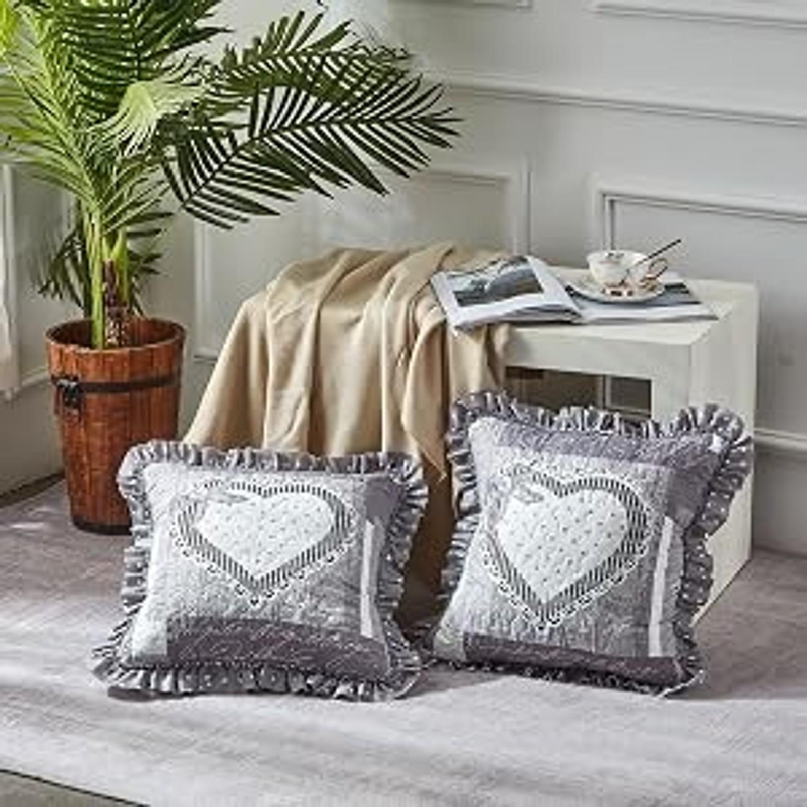 Pink & Green Roses Ruffle Pillow Shams Set, 18 x 18 Inches, Patchwork Quilted Pillow Covers with Ruffles, Washable Throw Cushion Cases for Couches and Beds, Pack of 2Gift