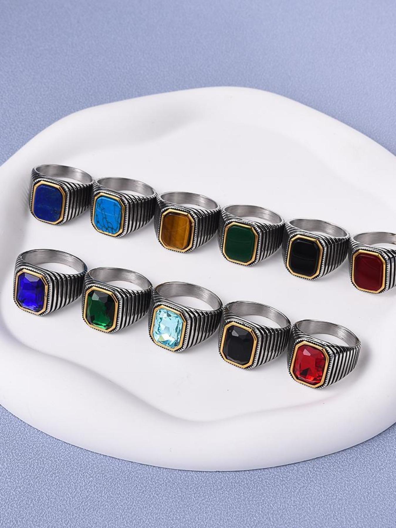 Men's Luxury Gemstone Ring, 18K Gold Plated Stainless Steel, Red Corundum Square Diamond with Strong Design Sense