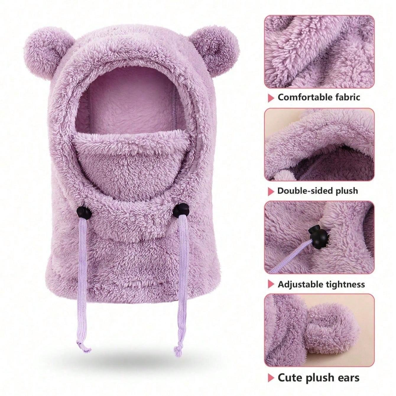 Autumn/Winter Kids Hooded Hat with Cute Bear Ears, Fleece-Lined Scarf and Mask, Unisex Children Outdoor Windproof Animal Headwear, Hooded Bonnet