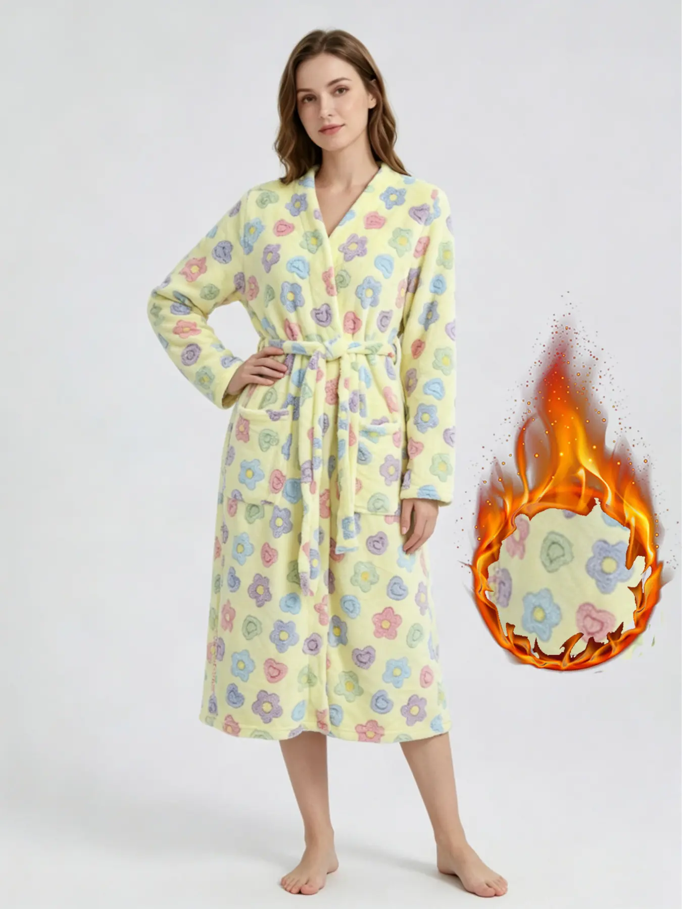 Women's Floral Coral Fleece Robe, Thick Warm Long Bathrobe, V-Neck Tie Waist, Loose Fit, Pocket Included, Fall Winter Home Wear
