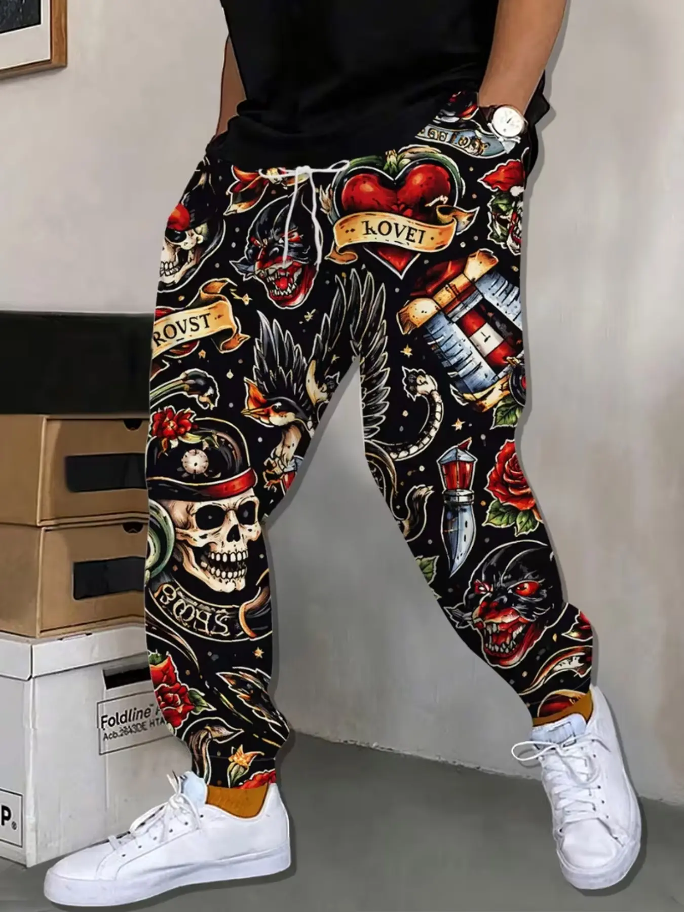 Men's Trendy Skull Heart Print Sweatpants, Streetwear Hip Hop Fashion Casual Sports Pants, Loose Fit Ankle Pants for All Seasons