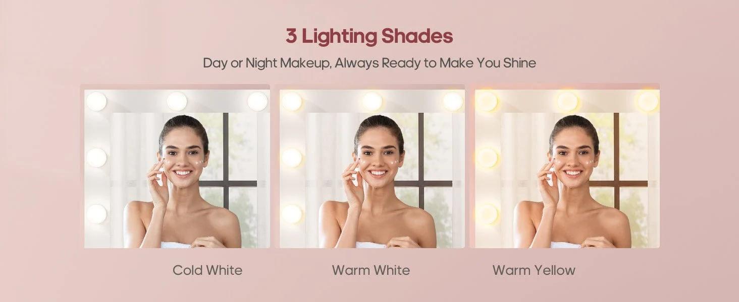 Sikaic Makeup Vanity with 11 Drawers and 6 Open Shelves Modern Dressing Table with 3 Color Modes Lights, Power Strip and Storage