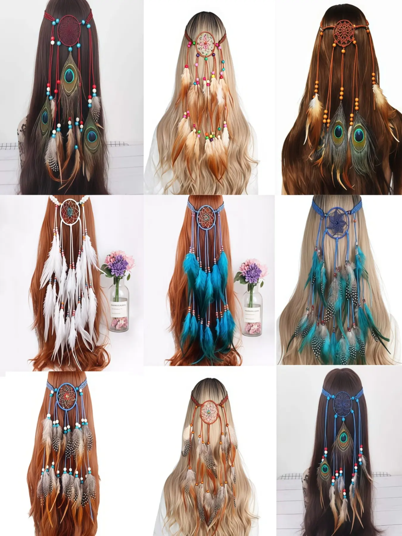 Boho Feather Headband, Indian Gypsy Hair Accessory, Feathers, Adjustable Beaded Rope, Women and Girls Hippie Style