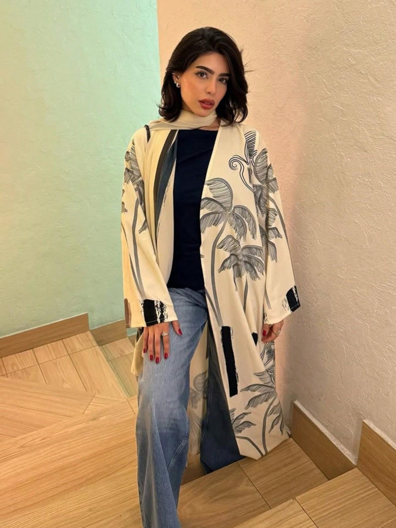 Hafizah Women's Loose-Fit Casual Coconut Tree Print Long Outerwear & Scarf Matching Set for Vacation