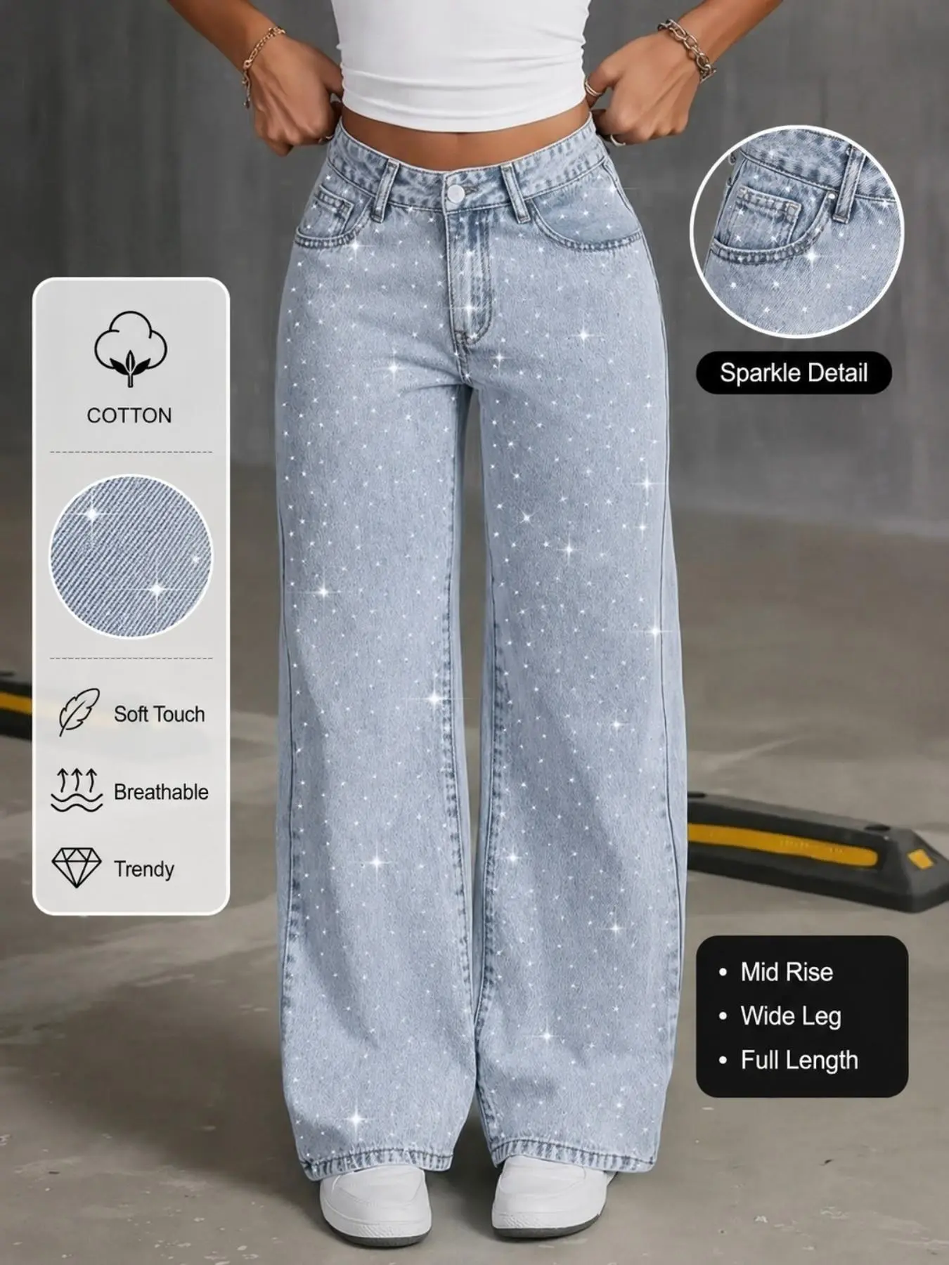 Women's Mid Rise Straight Leg Denim Jeans, Front Rhinestone & Snow Wash, Loose-Fit Fashion Trousers, All-Season Streetwear Pants