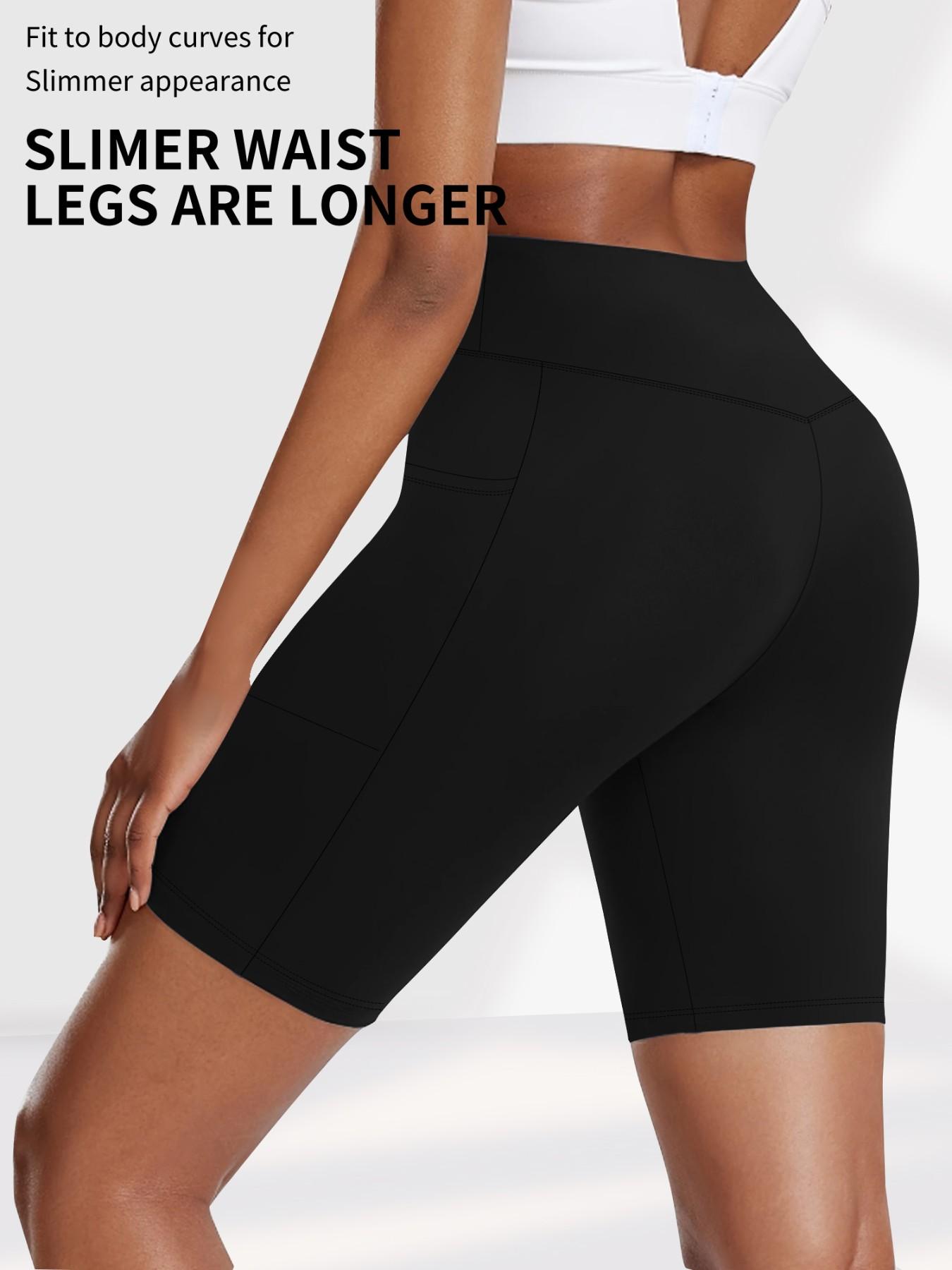 Women's Plus Size Cross Waist Skinny Workout Shorts, High Elasticity Five-Quarter Pants, Pocket Design, Solid Color Tight Fit, Soft Comfort Fabric