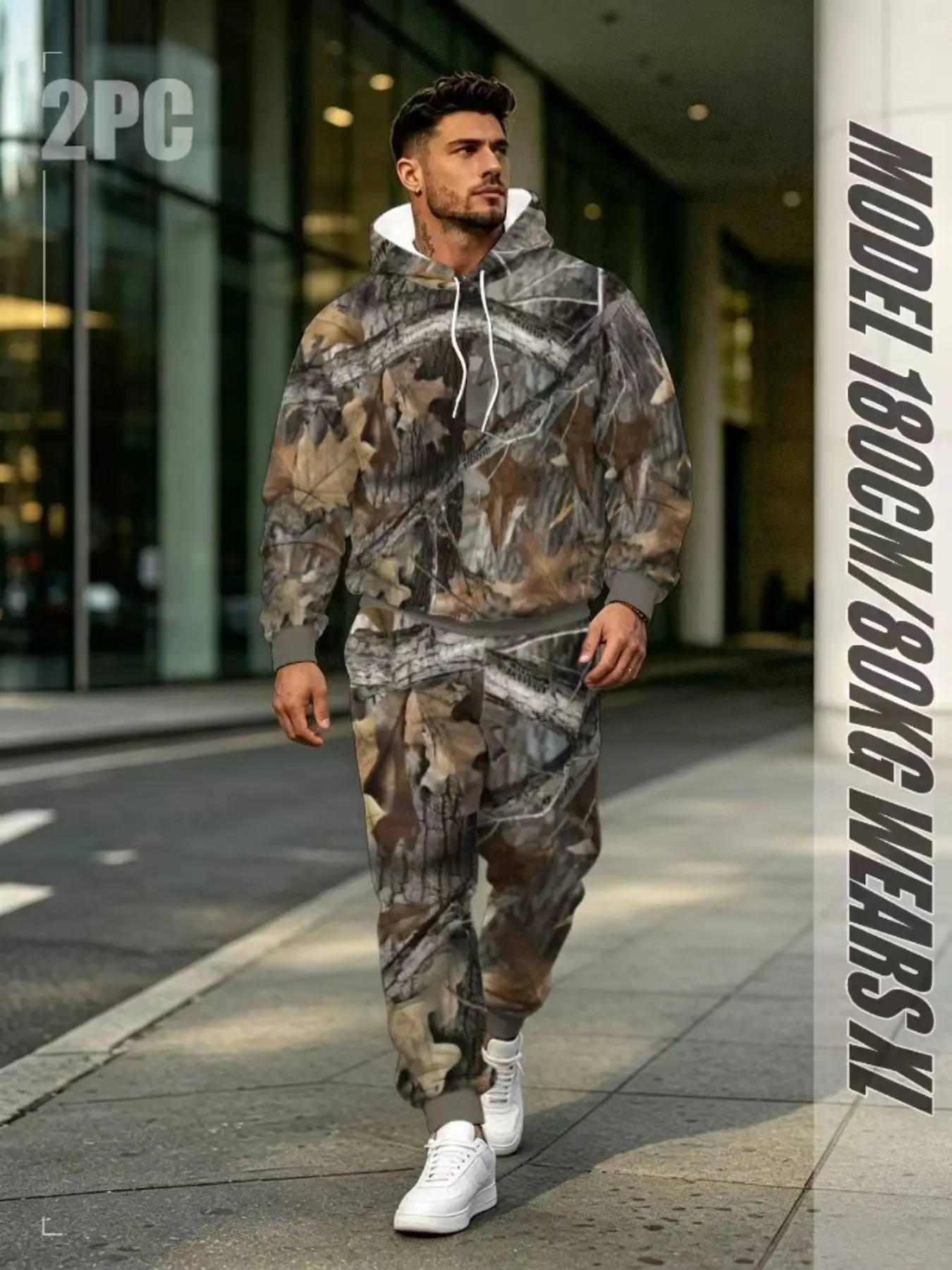 Men's Leaf Pattern Camo Long Sleeve Hoodie Set, Casual Thick Warm Winter Wear, Loose-Fitting Sweatshirt for All Seasons