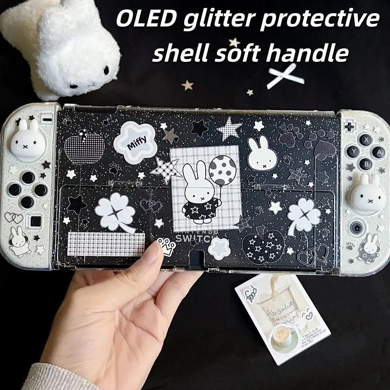 Miffy New In Stock Original Switch Oled Ns Ns2 Lite Anti Drop Protective Case Glitter Handle Cover Transparent Black White Gift
