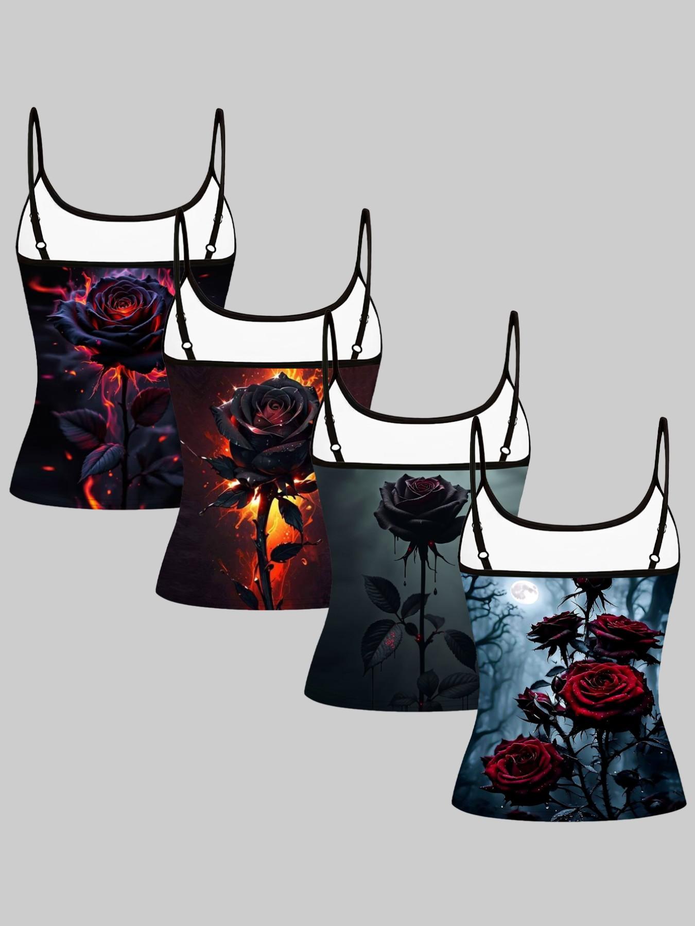 Dark Gothic Flame Rose Print Strappy Top, Summer Home Sleepwear Outerwear, Unique Slim Fit Shirt Set of Four Pieces