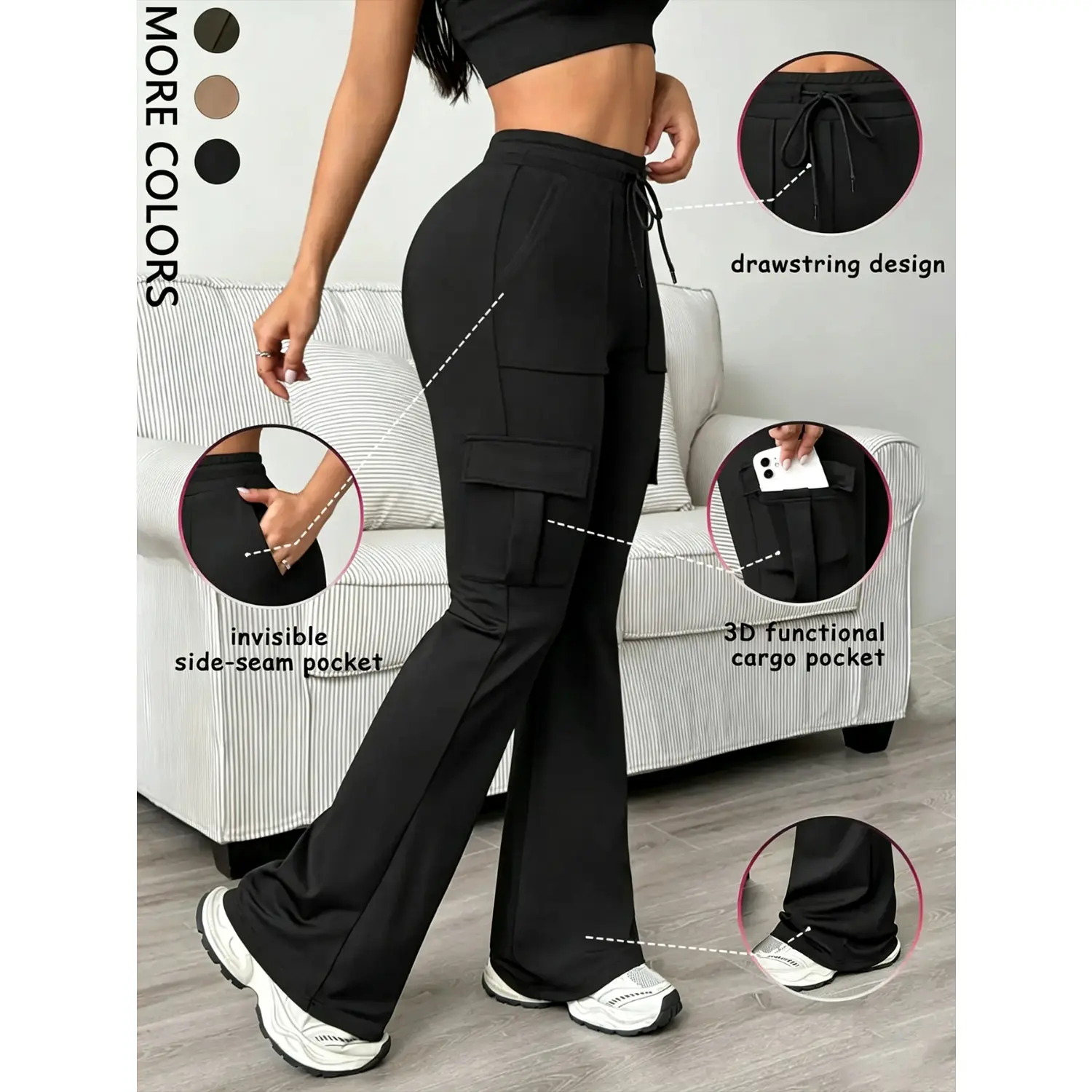 Women's Casual Bell Bottom Work Pants, Black Trousers, Long Trousers for Commuting, Adjustable Waist Trousers, Adjustable Drawstring, Fitted Plain Design, Basic, All Seasons Essential, Comfortable and Stylish