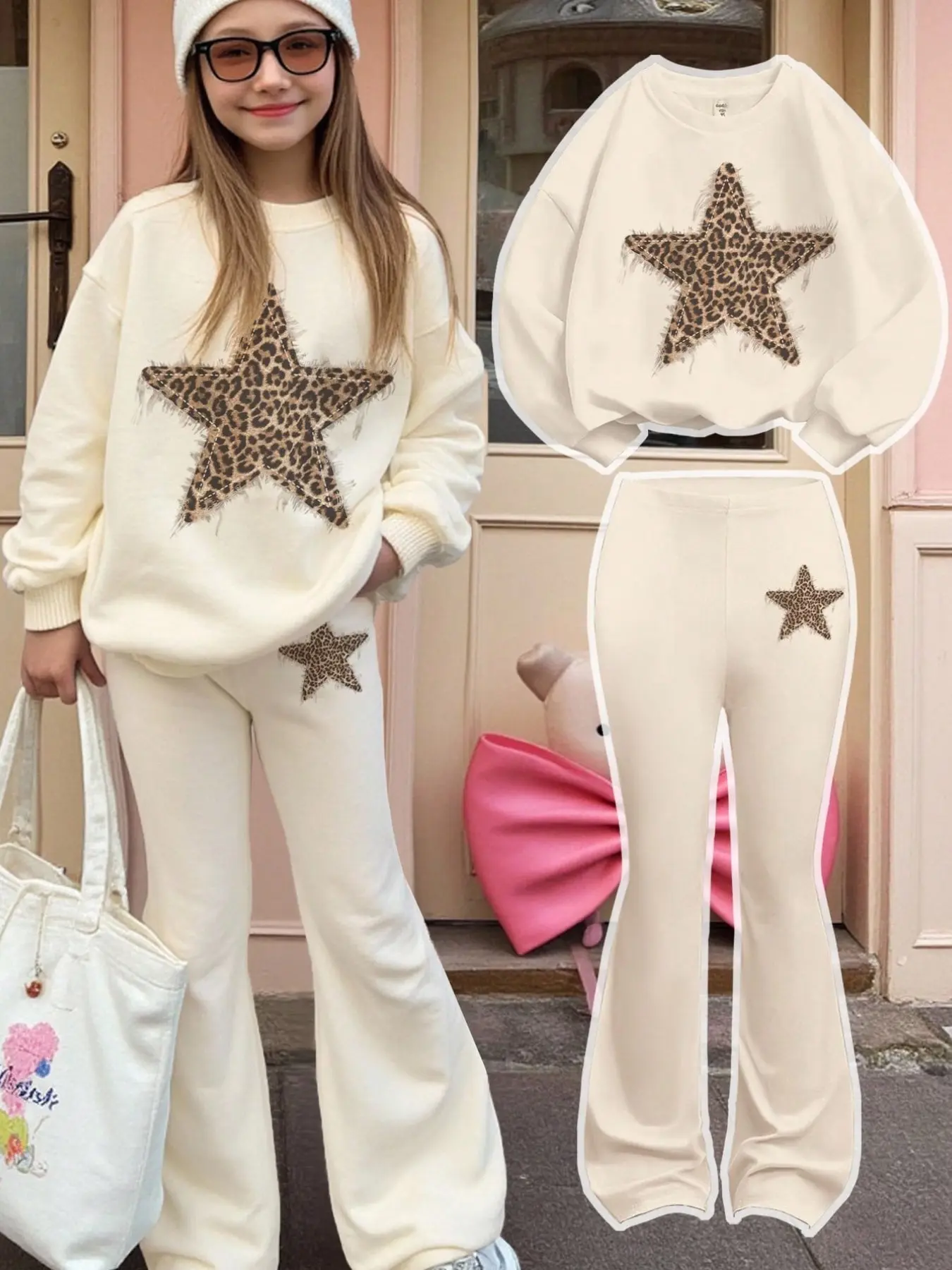 Girls' Leopard Print Star Sweatshirt and Bell Bottoms Set, Vintage Casual Style, Soft Elastic Long Pants, Fall & Winter